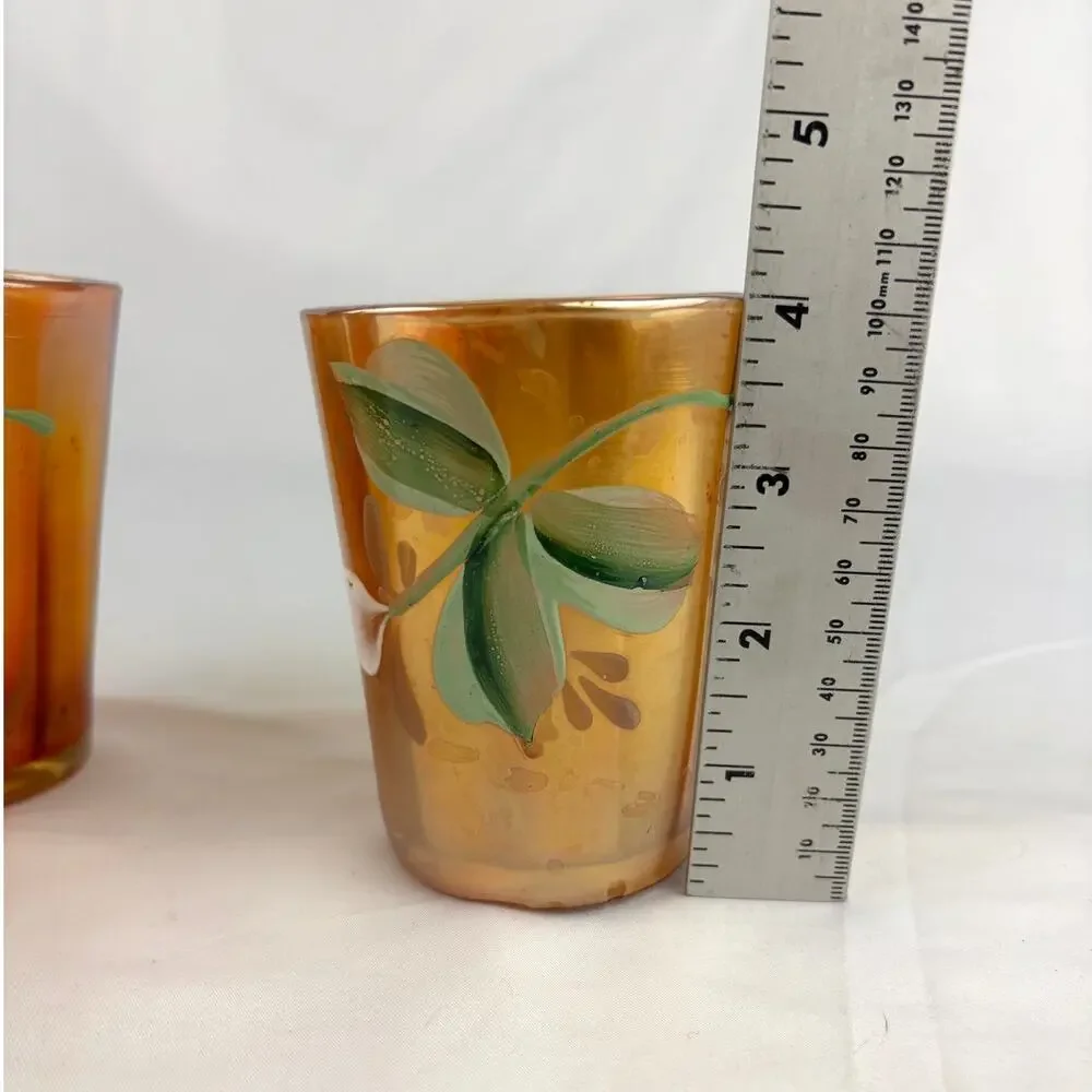 Lot of 4 Antique Fenton Enameled‎ Windflower Marigold Carnival Glass Tumblers